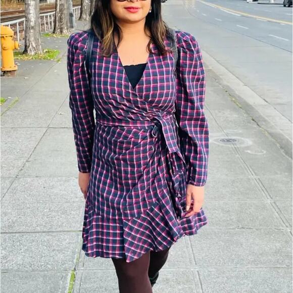 Tanya Taylor Plaid Mini Wrap Dress Blue Purple Size 4 Designer Romantic $475 - Picture 10 of 10